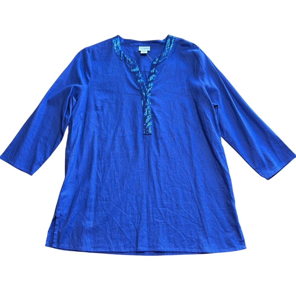 NWT Jaclyn Smith Collection Blue Linen Blend Sequin Tunic Top Sz L Coastal‎ Chic
